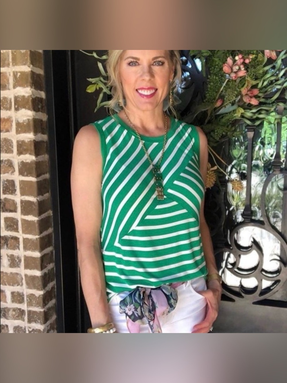CAbi Amelia Tank #5758 Green White Diagonal Stripe Body Skimming Sleeveless Tank